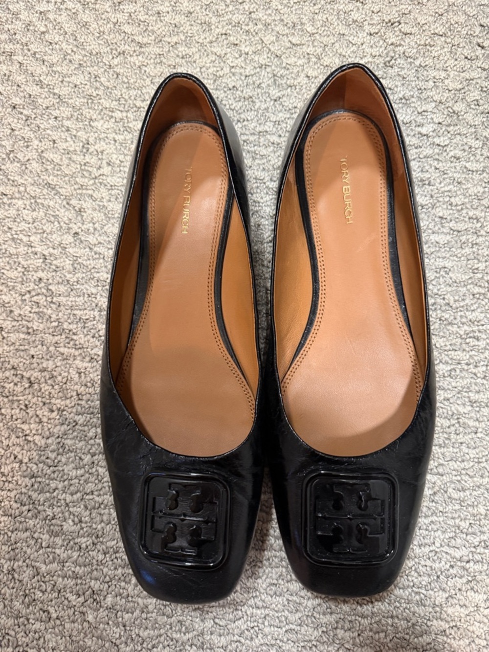 Tory Burch Black Leather Square-Toe Logo Flats